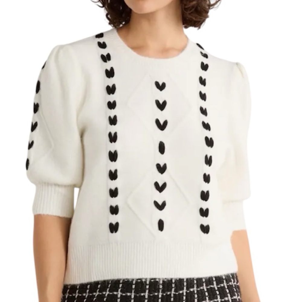 ELLEN TRACY New Puff Short Sleeve White Black Heart Crop Knit Sweater Sz Large - Picture 2 of 11